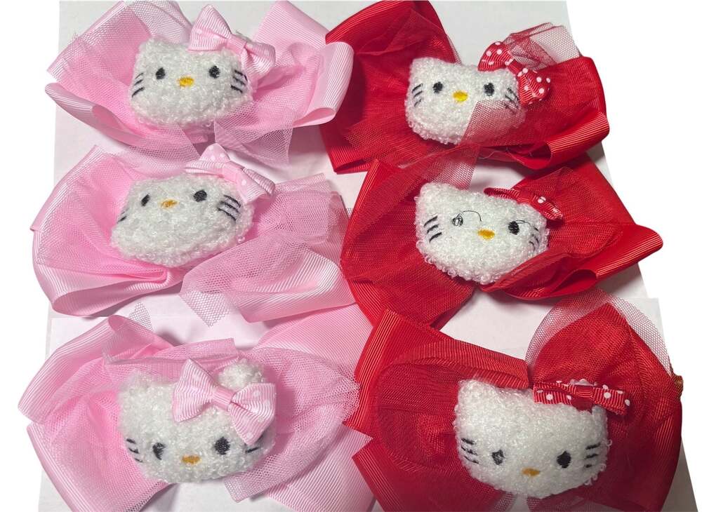 Sanrio Hello Kitty Plush Bow Hair Clips Set of 6 (Pink and Red)